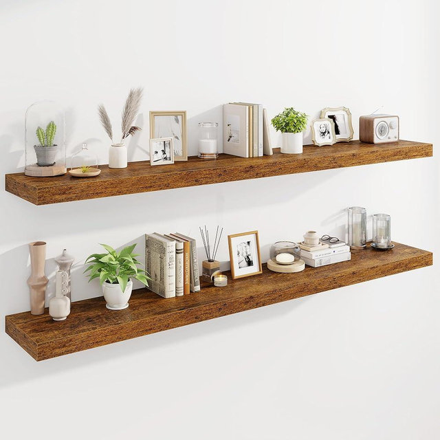 Marsmiles 72" Floating Shelves for Wall, Wooden Shelves with Invisible Brackets Set of 2, Rustic Farmhouse Wall Mounted Shelf for Kitchen Bathroom Living Room Study, Rustic Brown