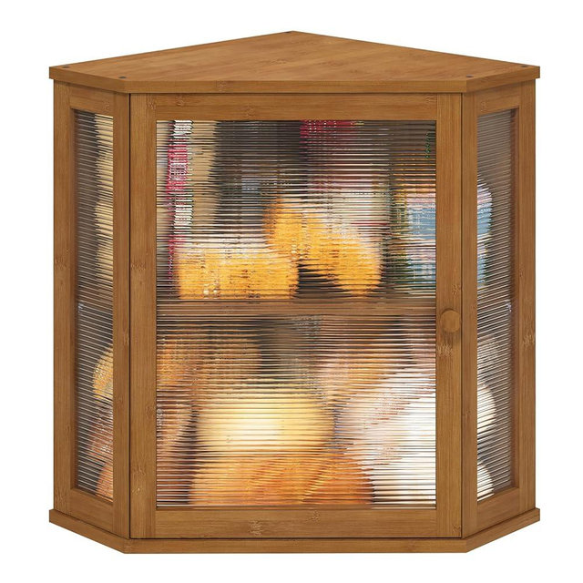 viewcare Bread Box for Kitchen Counter, Corner Bread Box, Bamboo Wood Large Capacity Bread Storage Bin with Acrylic Wavy Door Panel (Large_Brown)