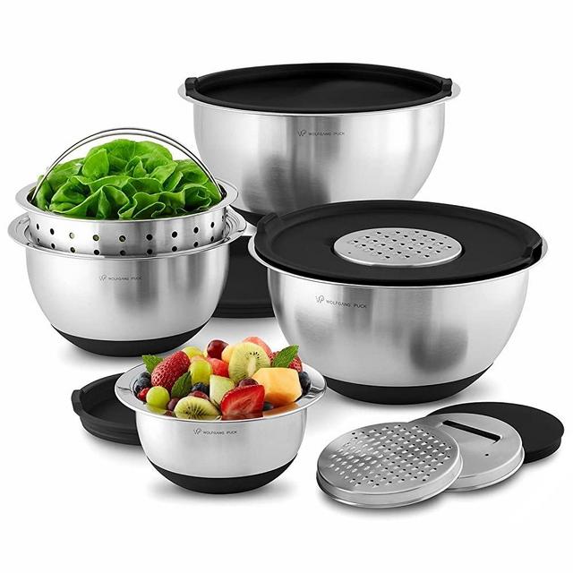 Wolfgang Puck 12 Piece Bistro Elite Stainless Steel Mixing Bowl and Prep Set, Includes Multi-Function Cover with Grating and Slicing Inserts, Black