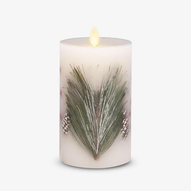 Luminara Flameless LED Candle Embedded Moving Flame Pillar Unscented Real Wax with Recessed Edge, Remote Ready, Timer (6.5-inch, Pine Berries)