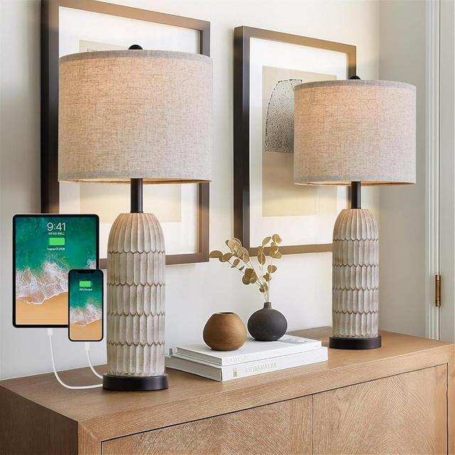 OYEARS 26.5" Table Lamp Set of 2 for Bedroom Living Room with USB A+C Charging Ports Modern Farmhouse Bedside End Lamps Rustic Nightstand Lamps,Black