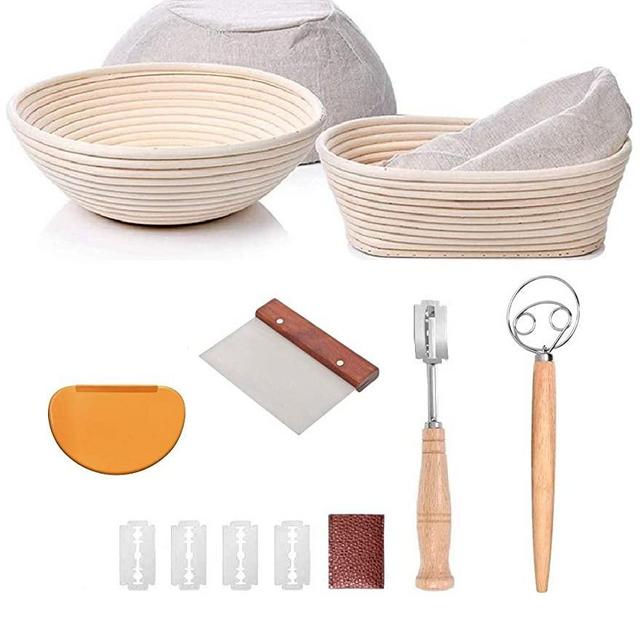 Bread Proofing Basket Set Of 2 Round and Oval, Banneton Proofing Basket + Danish Dough Whisk + Bread Scoring Lame + Stainless Steel Dough Scraper + Flexible Dough Scraper, Sourdough Bread Making Tools Kit, Baking Gifts for Bakers YAANI