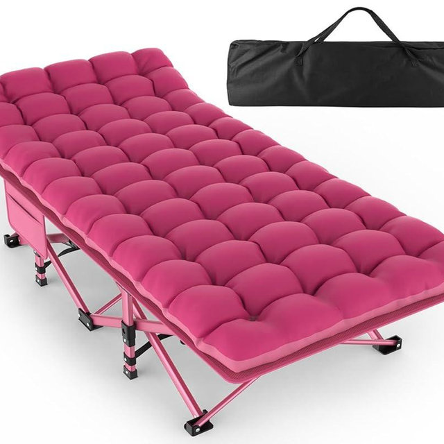 ZENPETIO Oversized XXL Folding Camping Cot, Heavy Duty Sleeping Cot for Adults with Mattress and Pillow, Portable Cot Bed with Carry Bag for Outdoor Camp Travel Home Guest Office, Pink