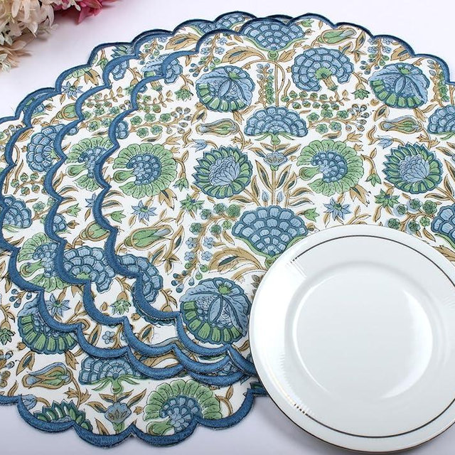 Ridhi Bo-ho Round Place Mat Easter Floral Cotton Washable Placemats 15" Round Embroidery Block Print Table Mat (Pack of 4-15 Inch Round, Asparagus Green)