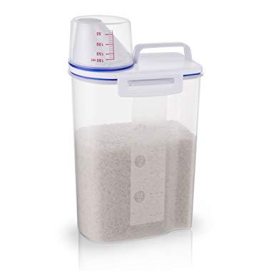Rice Storage Bin Cereal Containers Dispenser with BPA Free Plastic + Airtight Design + Measuring Cup + Pour Spout - 2KG Capacities of Rice Perfect for Rice Cooker