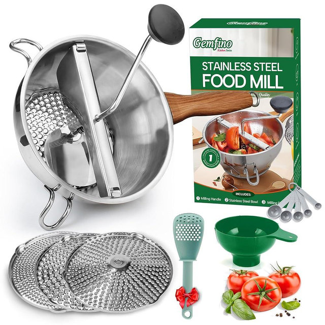 Stainless Steel Food Mill With 3 Milling Discs,Ergonomic design Rotary hand crank,Wood Grain Handle Food Mills For Tomato Sauce,Potatoes,Jams,With Funnel,Multifunctional Spoon,Blue MW-N02
