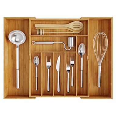 BAMEOS Utensil Drawer Organizer, Cutlery Tray Desk Drawer Organizer Silverware Holder Kitchen Knives Tray Drawer Organizer, 100% Pure Bamboo Expandable Adjustable Cutlery in Natural Color
