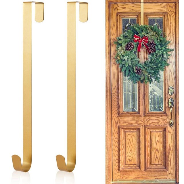 Kederwa 2 Pack Gold Wreath Hangers for Front Door, 15inch Over The Door Wreath Hanger Xmas Wreath Holder Hook Reef Hanger for Christmas Thanskgiving Decorations