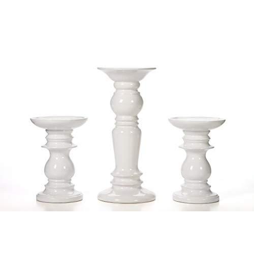 Hosley Set of 3 Ceramic White Pillar Candle Holders Two 6 Inch and One 9.5 Inch High. Ideal for LED and Pillar Candles Gifts for Wedding Party Home Spa Reiki Aromatherapy Votive Candle Gardens P2