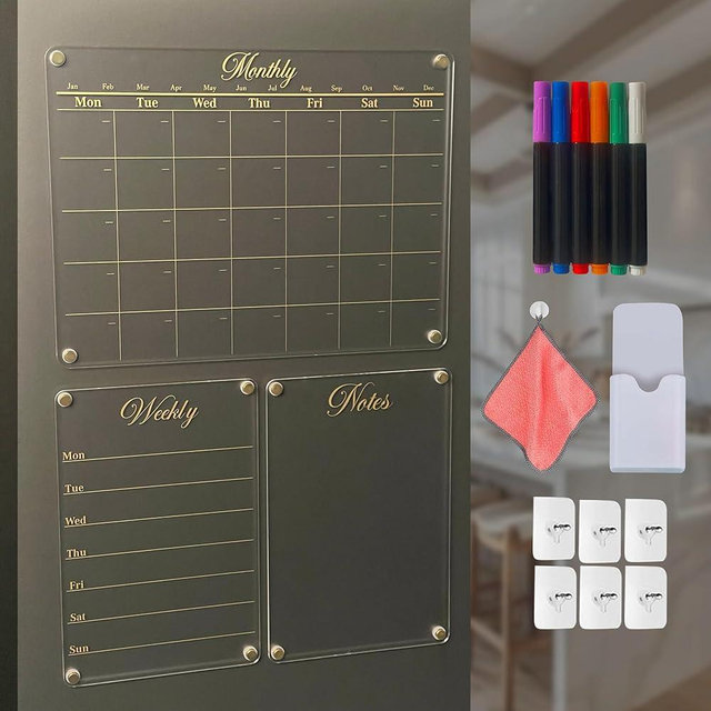 Gold Luxury 3-Piece Fridge Calendar Set | Dry Erase & Magnetic Calendar for Refrigerator & Wall - Includes 6 Chalk Markers, Cloth, Nail-Free Hooks & Pen Holder