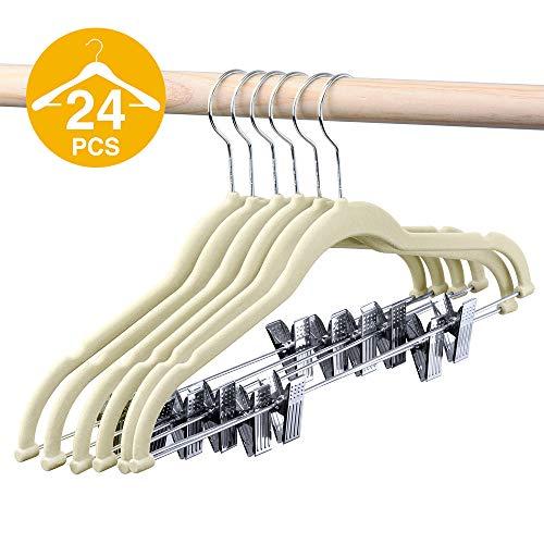 HOUSE DAY Velvet Skirt Hangers - Pack of 24 - Velvet Hangers with Clips Ultra Thin Non Slip Velvet Pants Hangers Space Saving Clothes Hanger (Beige)