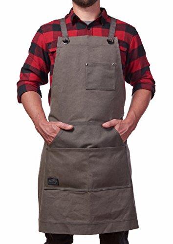 Hudson Durable Goods - Heavy Duty Waxed Canvas Work Apron with Tool Pockets (Grey), Cross-Back Straps & Adjustable M to XXL