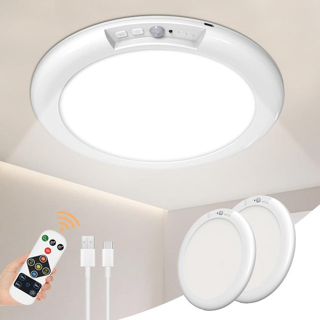 Rechargeable Motion Sensor Closet Light, Rechargeable Battery Operated Ceiling Light Wireless,400LM Motion Sensor Light with Remote for Closets Shower Pantry Stairs Hallway 3000K-6500K, 2Pack