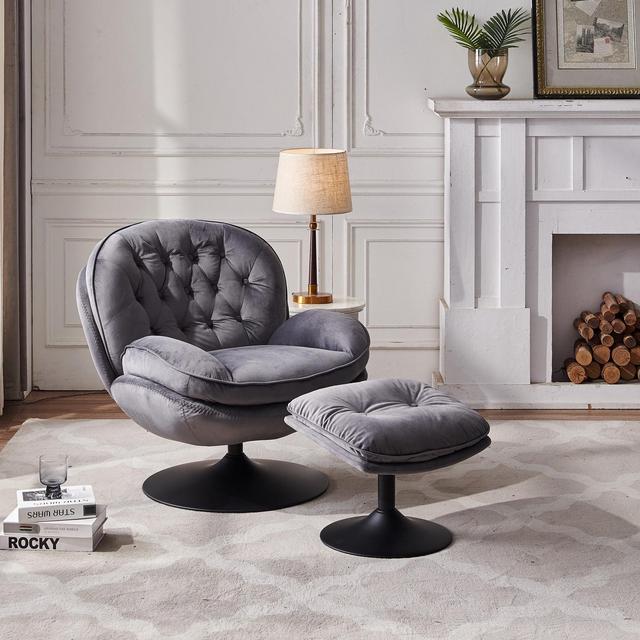 Velvet Swivel Accent Chair with Ottoman Set, Modern Lounge Chair with Footrest and Metal Base Comfy Armchair with 360 Degree Swiveling Single Sofa Chair Accent Chairs 2 for Living Room, Gray