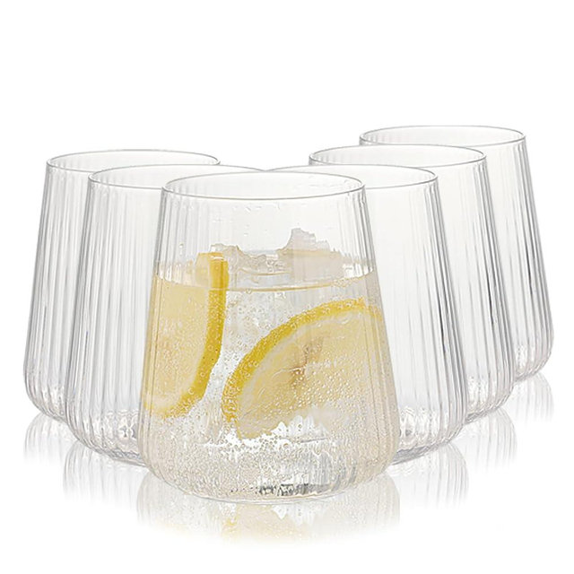 WeirdUncle Set of 6 Stemless Wine Glasses,17oz Ribbed Drinking Glasses, Lightweight, Clear, Everyday Drinking Water Glass, Fluted Design, Ideal for Water, Iced Coffee, Juice, Milk, Housewarming Gift