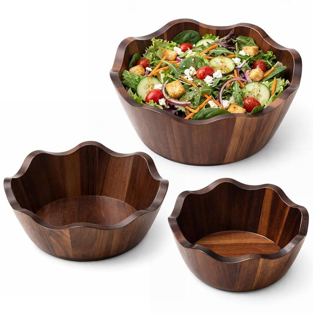 Hushee 3 Pack Acacia Wooden Salad Bowl Set, 8/10/12 Inch Scalloped Decorative Salad Bowls, Wood Serving Bowl for Fruit, Pasta, Snacks and Home Decor, Wedding Decor, Natural Housewarmings Gifts