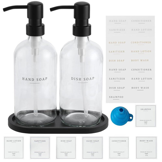 Glass Soap Dispenser - Dish Soap Dispenser for Kitchen, Hand Soap Dispenser Set, Bathroom Soap Dispenser with 304 Rust Proof Pump, Soap Dispenser for Kitchen with Tray, Clear Bottle/Black Pump