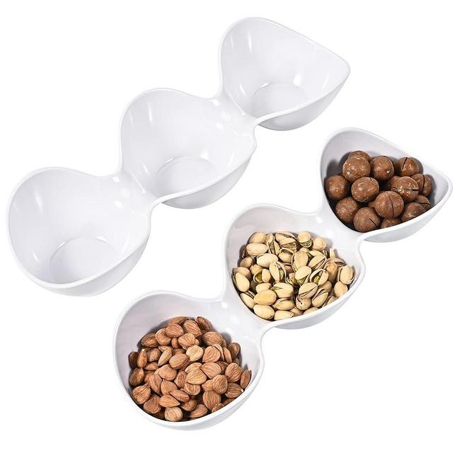 Blue Boat 2PC 14.5" x 5" Melamine 3-Section Divided Dishes, Stackable Serving Tray, 3 Compartment Appetizer Serving Tray, White Divided Serving Dishes, for Snack, Food, Serving Platter Set of 2
