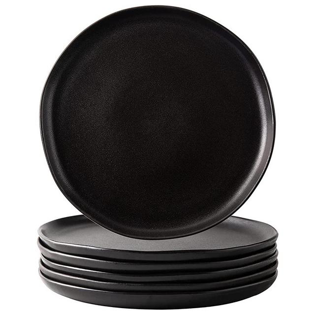 AmorArc Porcelain Dinner Plates Set of 6, Wavy Rim 10.5 Inch Ceramic Dish Set, Large Serving Dishes for Kitchen-Microwave&Dishwasher Safe, Scratch Resistant-Reactive Glaze Matt Black