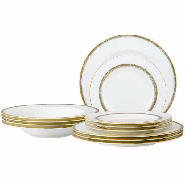 Noritake Haku 12-Piece (White) Bone China Dinnerware Set, Service for 4 4959-12H