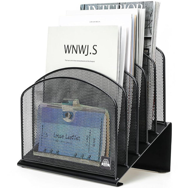 Delifox Inclined Desk File Organizer, 5-Section Vertical File Folder Holder Stand Metal Rack File Sorter for Office Classroom Desktop Organization (Black, 1Pack)