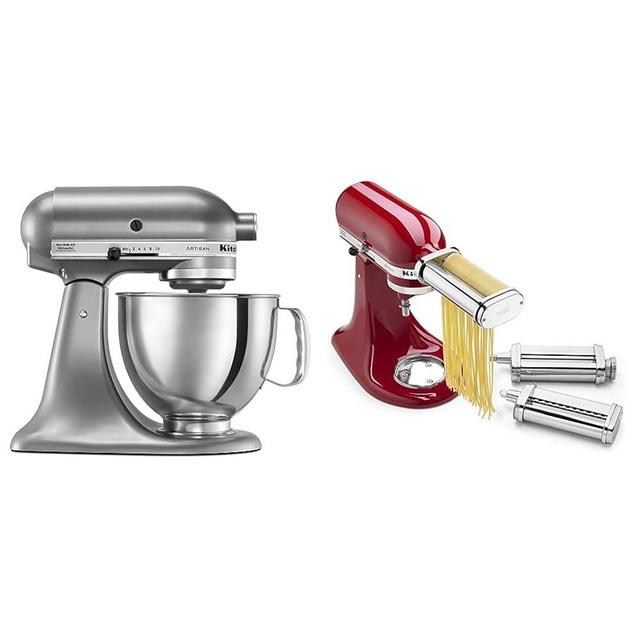 KitchenAid Artisan Series 5 Quart Tilt Head Stand Mixer with Pouring Shield KSM150PS, Contour Silver & KSMPRA Stand Mixer Attachment Pasta Roller & Cutter, 3-Piece Set, Stainless Steel