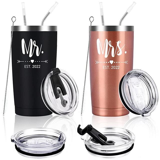 Mr and Mrs 2022 Tumbler Set, Engagement Wedding Gifts for Couples Newlyweds Wife Bride To Be Newly Engaged Bridal Shower Anniversary, 20oz Stainless Steel Insulated Travel Tumbler, Black&Rose Gold