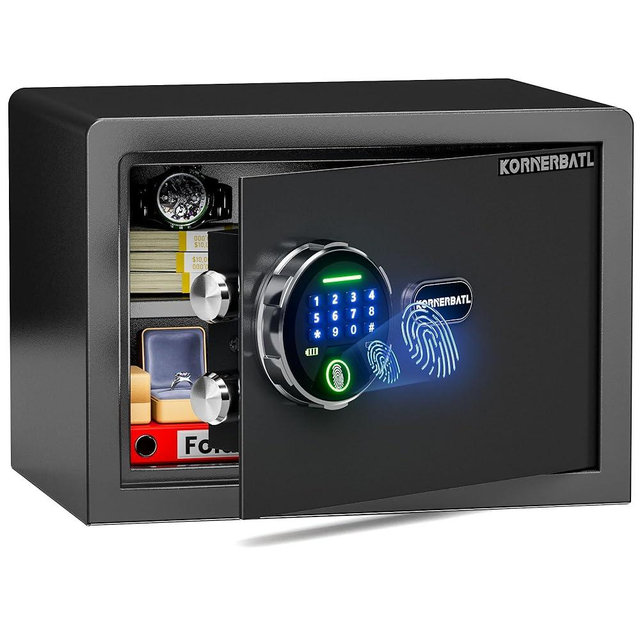 KornerBatl Smart Biometric Safe with Fingerprint Lock (9.84"D x 13.78"W x 9.84"H), Small Safe Box with Silent Mode & Backlit Keypad & LED Light, Valentines Day Gifts for Men Women