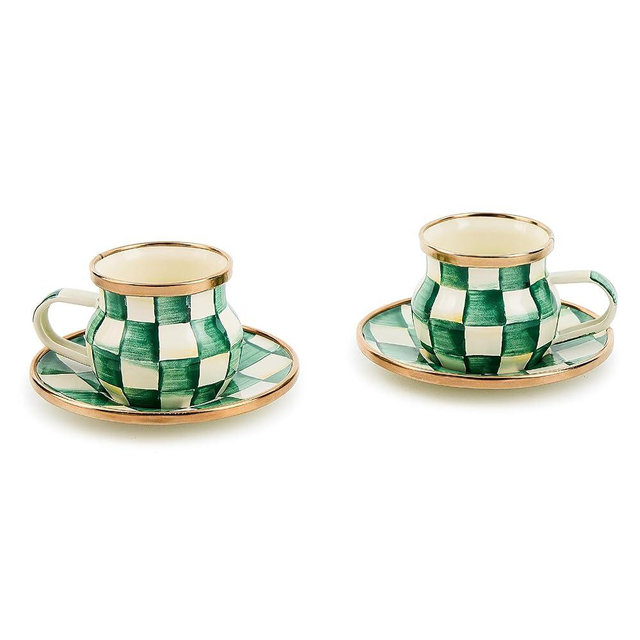 MACKENZIE-CHILDS Espresso Cup and Saucer Set, Cute Small Coffee Cups and Saucers, Set of 2, Green-and-White Emerald Check