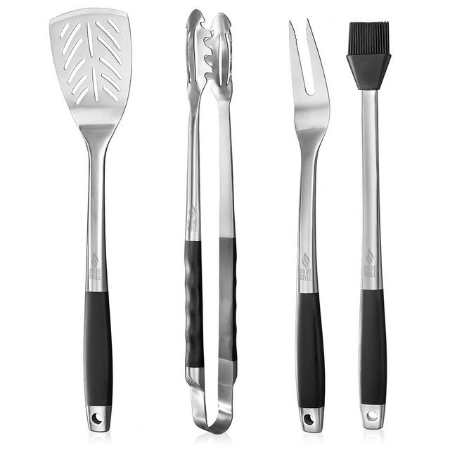 Pure Grill 4-Piece Stainless Steel BBQ Tool Utensil Set with Meat Fork, Spatula, Tongs, and Basting Brush