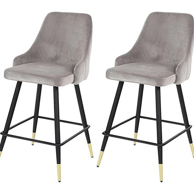 Bar Stools Set of 2, Modern Velvet Bar Chairs with Backrest and Foot Bar for Kitchen,Cafe Dinner,Pub (Grey)