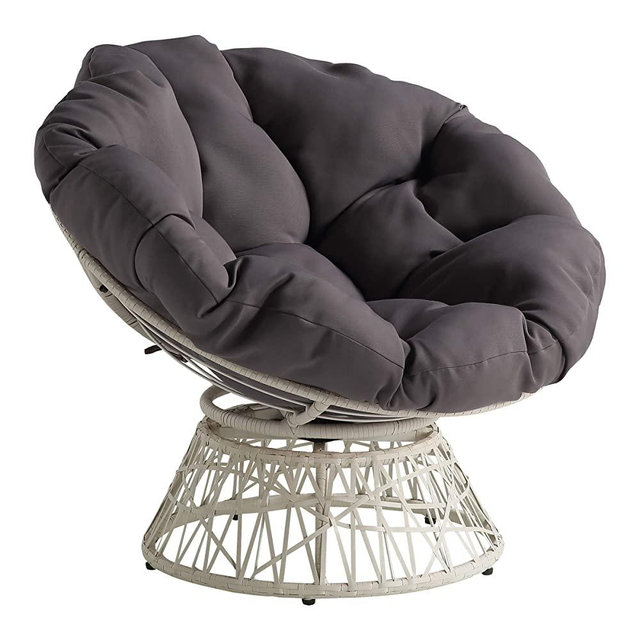 OSP Home Furnishings Wicker Papasan Chair with 360-Degree Swivel, Large, Cream Frame with Grey Cushion