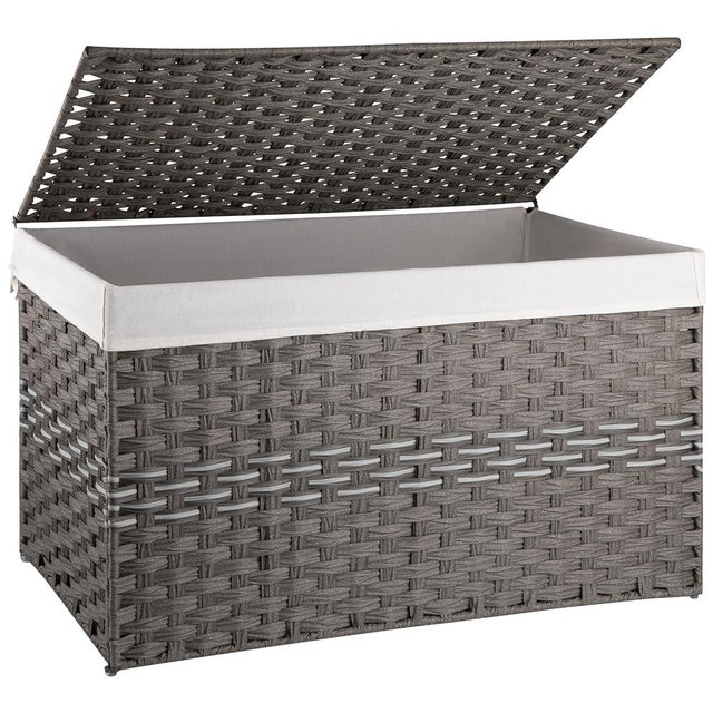 OIAHOMY Large Storage Basket with Lid, 42.3 Gallon (160L) Blanket Basket with Removable Liner Bag, Wicker Hamper with Handle, Foldable, Hamper for Bedroom, Grey