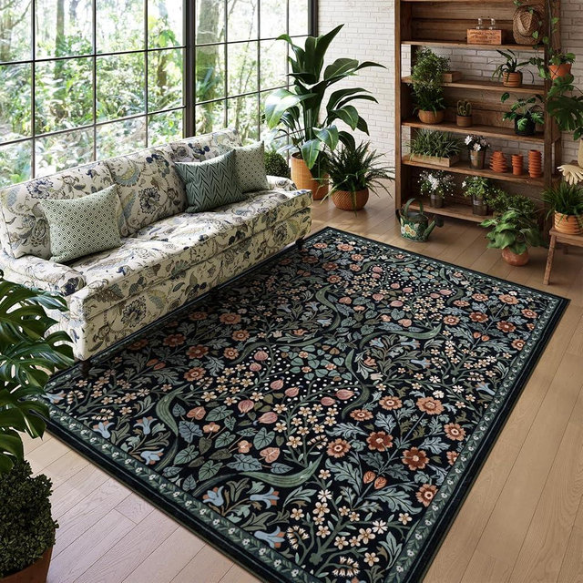 Lahome Floral 5x7 Rug for Living Room, Soft Washable Area Rugs for Bedroom, Botanical Stain-Resistant Black Boho Carpet for Dining Room, Guestroom, Nursery Indoor