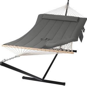 SUNCREAT Double Outdoor Hammock with Stand, Two Person Cotton Rope Hammock with Polyester Pad, Dark Gray
