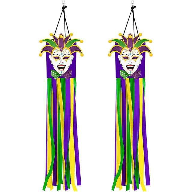 Geefuun 2PCS Mardi Gras Decor Windsocks Hanging Floating Face Wind Socks for Yard Garden Porch Patio Outdoor Decorations