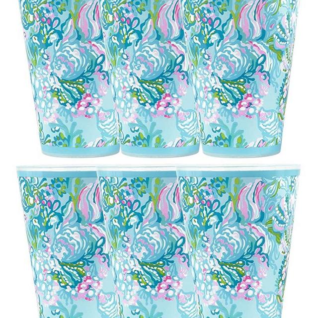 Lilly Pulitzer 14 Ounce Reusable Plastic Pool Cups, Set of 6 Durable Kid-Friendly Drinking Glasses, Aqua La Vista