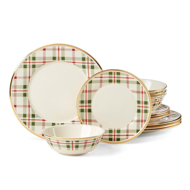 LENOX Holiday Plaid 12-Piece Dinnerware Set, 11.07, Red & Green