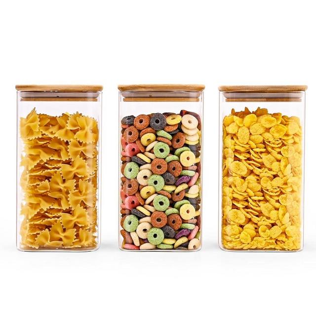 Glass Food Storage Jars Square 44oz, 3 Pack Glass Jars With Bamboo Lids, Kitchen Storage Containers For Spice, Candy, Cookie, Storage For Pantry Organizers