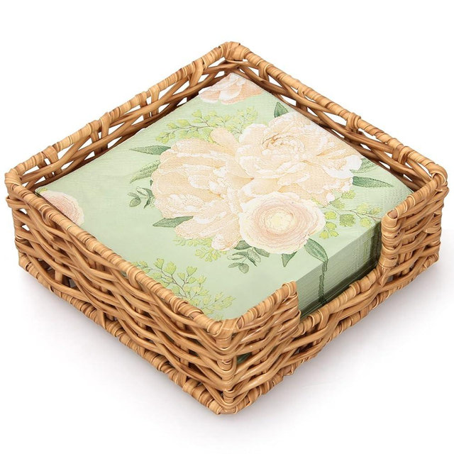 Gtencemen Rattan Napkin Holder - Square Napkin Tray, 6" 6" 2.3" - Farmhouse Style for Kitchen, Bathroom, Table - Woven Guest Towel Holder