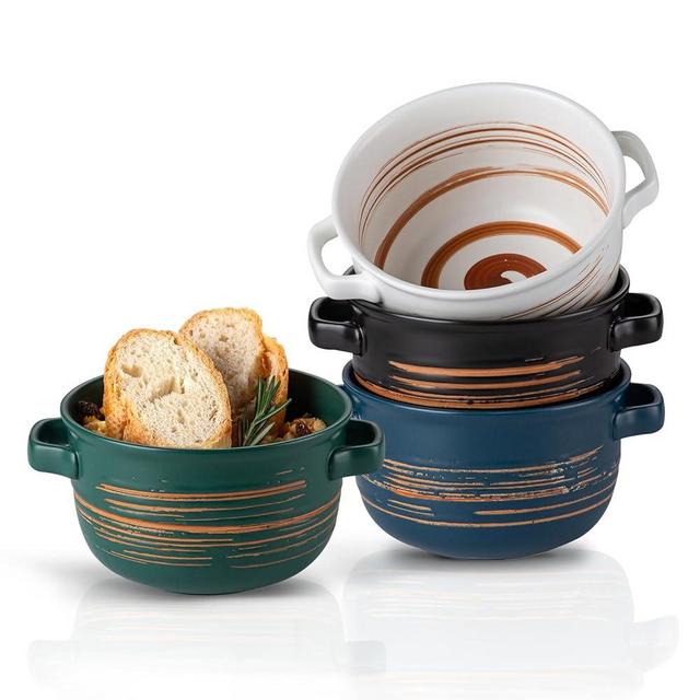 YUN TAO French Onion Soup Bowls with Handles, Ceramic Soup Serving Bowl Crocks 32 Ounces for Cereal,Ramen,Chilli, Beef Stew, Pot Pies, Oven Safe, Set of 4