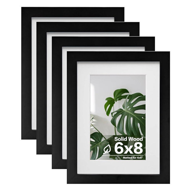 Egofine 6x8 Picture Frames Set of 4, Made of Solid Wood Covered by Plexiglass 4x6 and 5x7 with Mat or 6x8 whitout Mat, for Table Top Display and Wall Mounting Photo Frame Black