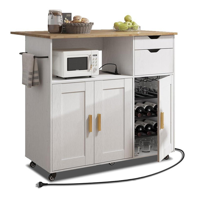 ASTRONAPE Rolling Mobile Kitchen Island Cart Bar with Drawer and Desktop Drop Leaf Countertop, Island Table Storage with 5 Wheels, Rolling Kitchen Cabinet with Power Socket (White, with Countertop)