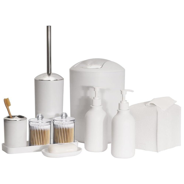 Bathroom Accessory Set - 10 PCS White Bathroom Accessories Sets Complete with Trash Can, Toothbrush Holder, Soap Dispenser, Soap Dish, Toilet Brush & Holder, Vanity Tray, Qtip Holder, Tissue Box Cover