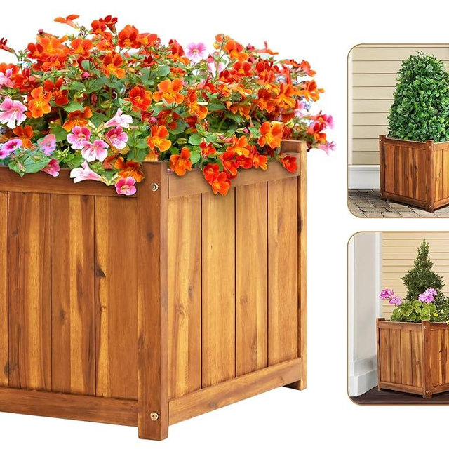 Idzo Hardwood Outdoor Flower Box, Durable Acacia Wood Flower Boxes for Outdoor Plants with Ergonomic Handles, Drainage Holes, Multiple Sizes Wood Bucket Planter for Home Decor, 1pcs