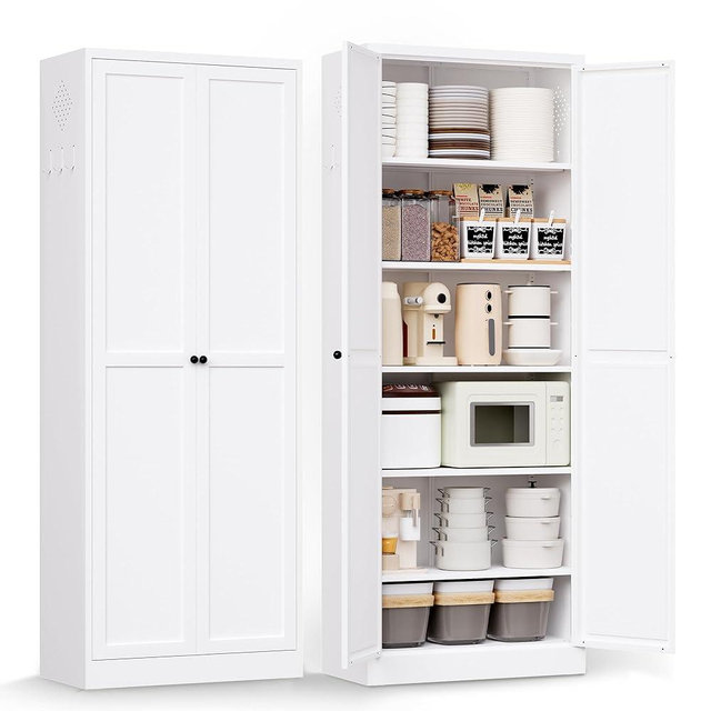AQY Kitchen Pantry Cabinet,72" White Pantry Storage Cabinet with 5 Tier Adjustable Shelves and 2 Doors,Freestanding Cupboard,Metal Pantry Cabinets with Handle for Living Room Kitchen Assembly Required