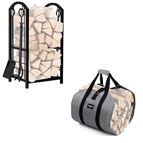 Amagabeli Firewood Rack Fireplace Tool Rack Indoor Bundle Firewood Carrier Tote Waxed Canvas Log Tote