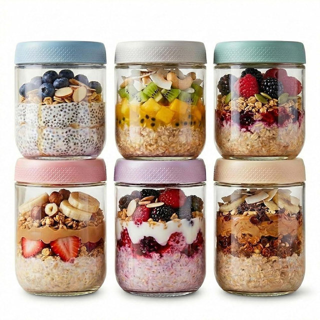JBHO 6-pack 16 oz Overnight Oats Containers with Lids, Glass jars with Airtight Lids, Wide mouth Mason Salad jars, Glass Food Storage Containers for Snacks Yogurt Spice Sugar