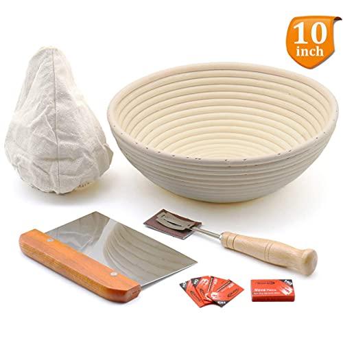 10" Round Bread Banneton Proofing Basket for Sourdough, Includes Linen Liner, Metal Dough Scraper, Scoring Lame & Case, Extra Blades, Rising Dough Baking Bowl Gifts for Artisan Bread Making Starter