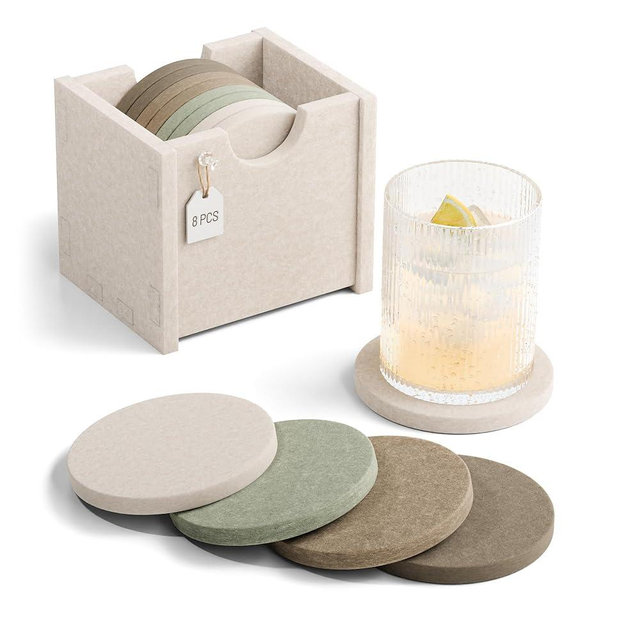 Fluxynara Felt Coasters for Drinks, Set of 8 Absorbent Coasters with Holder, Heat-Resistant & Reusable Round Design for Coffee Table & Living Room, 3.94 Inch, Linen Dusk